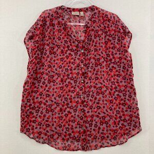 LOGO Lori Goldstein size XL Red Burgundy Floral Short Sleeve Sheer Button Up